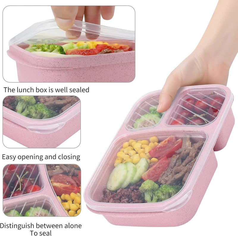 buluker 4 Pack Bento Lunch Box Set 3 Compartment Food Storage Containers Wheat Straw Meal Prep Lunch Box Plastic Food Storage Containers, Microwave and Dishwasher Safe (light colour) - Image 3